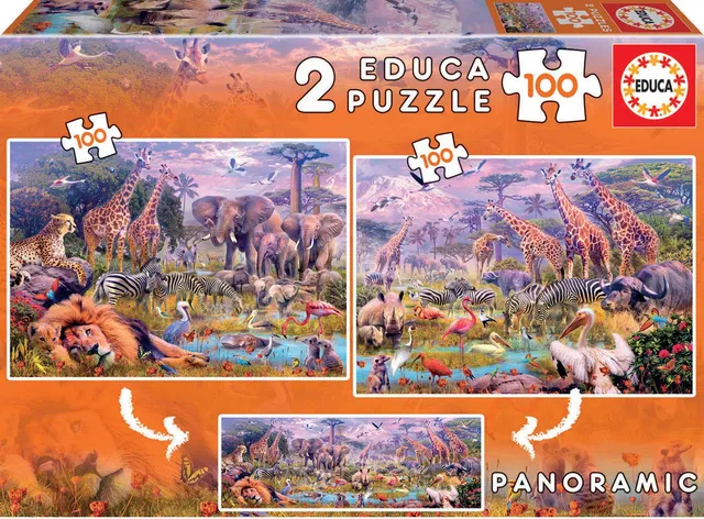 educa-wilde-tiere-kinderpuzzle-2x100-teile-panorama-ab-6 image 1