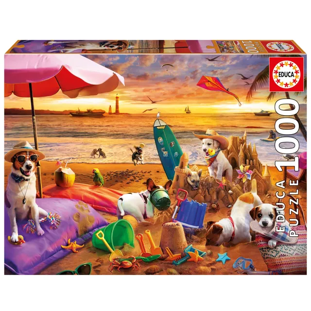 educa-hunde-am-strand-20312-1000-teile-puzzle-68x48-mit-kleber image 1