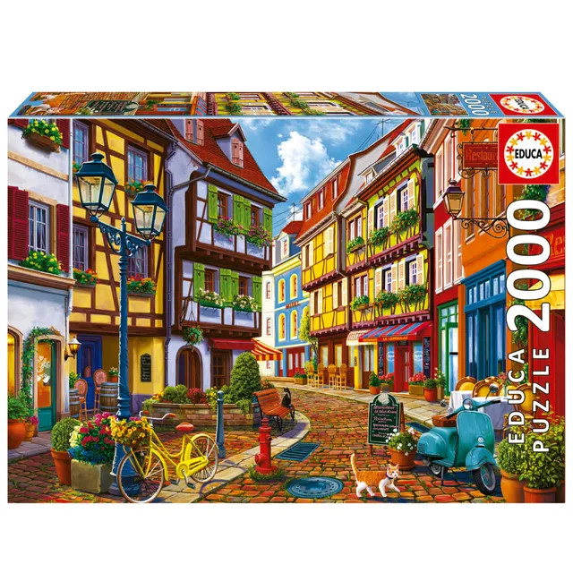 educa-strahlende-strasse-19945-puzzle-2000-teile-dorf-katzen image 1