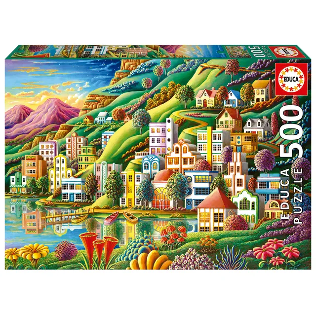 educa-buntes-dorf-am-see-19552-puzzle-500-teile-landschaft image 1